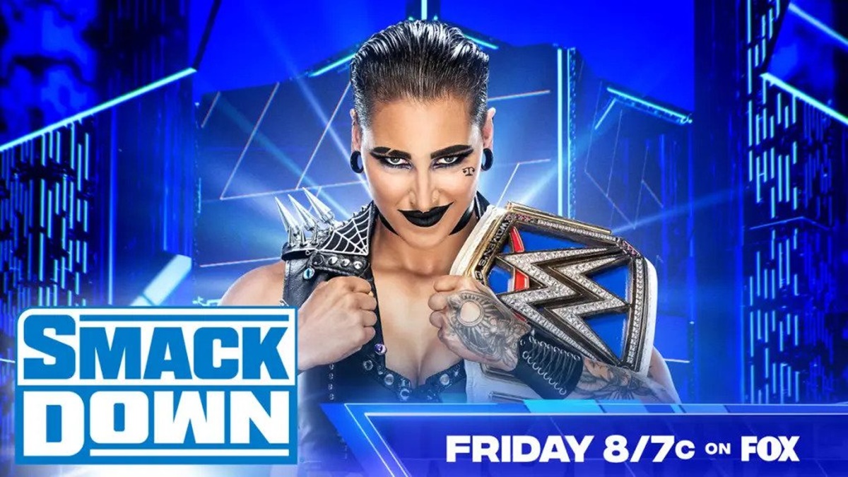 WWE SmackDown Card Preview Cover Image. Rhea Ripley Stands Next to SmackDown Logo Holding SmackDown Women's Championship