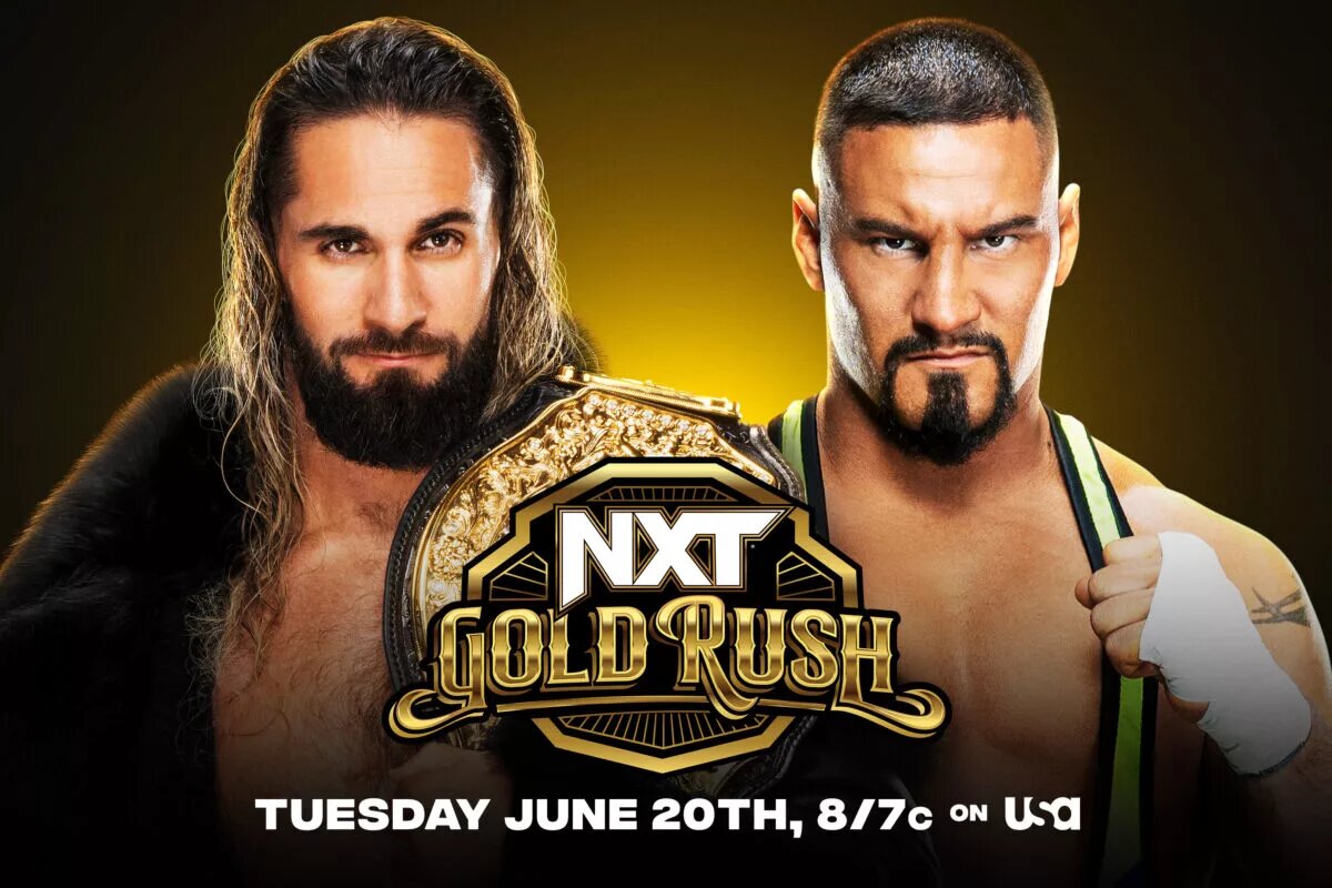 A match graphic for WWE NXt's Gold Rush featuring Seth Rollins vs. Bron Breakker.