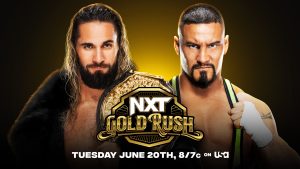 A match graphic for WWE NXt's Gold Rush featuring Seth Rollins vs. Bron Breakker.
