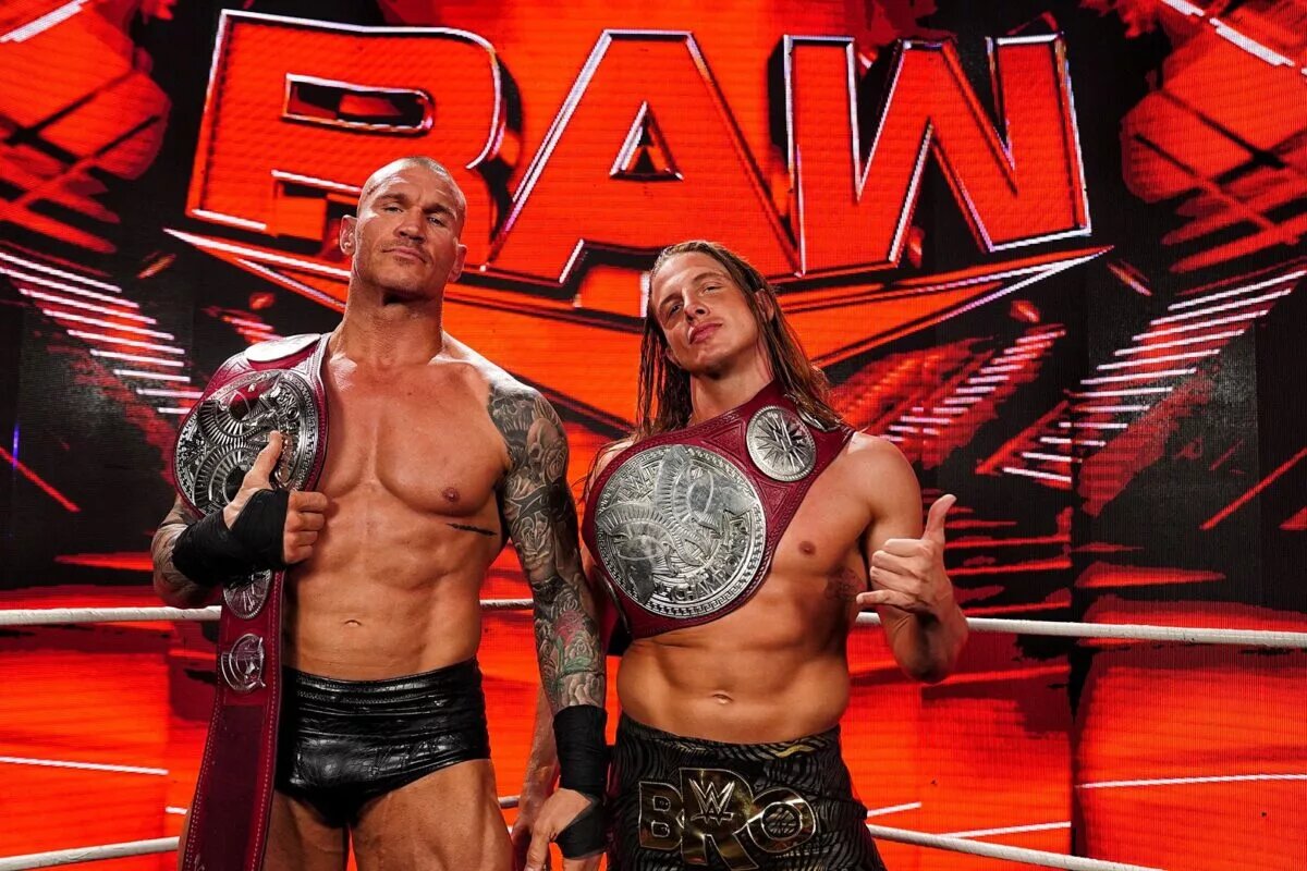 An image that features Randy Orton and Matt Riddle after winning the Raw Tag Team Championships.