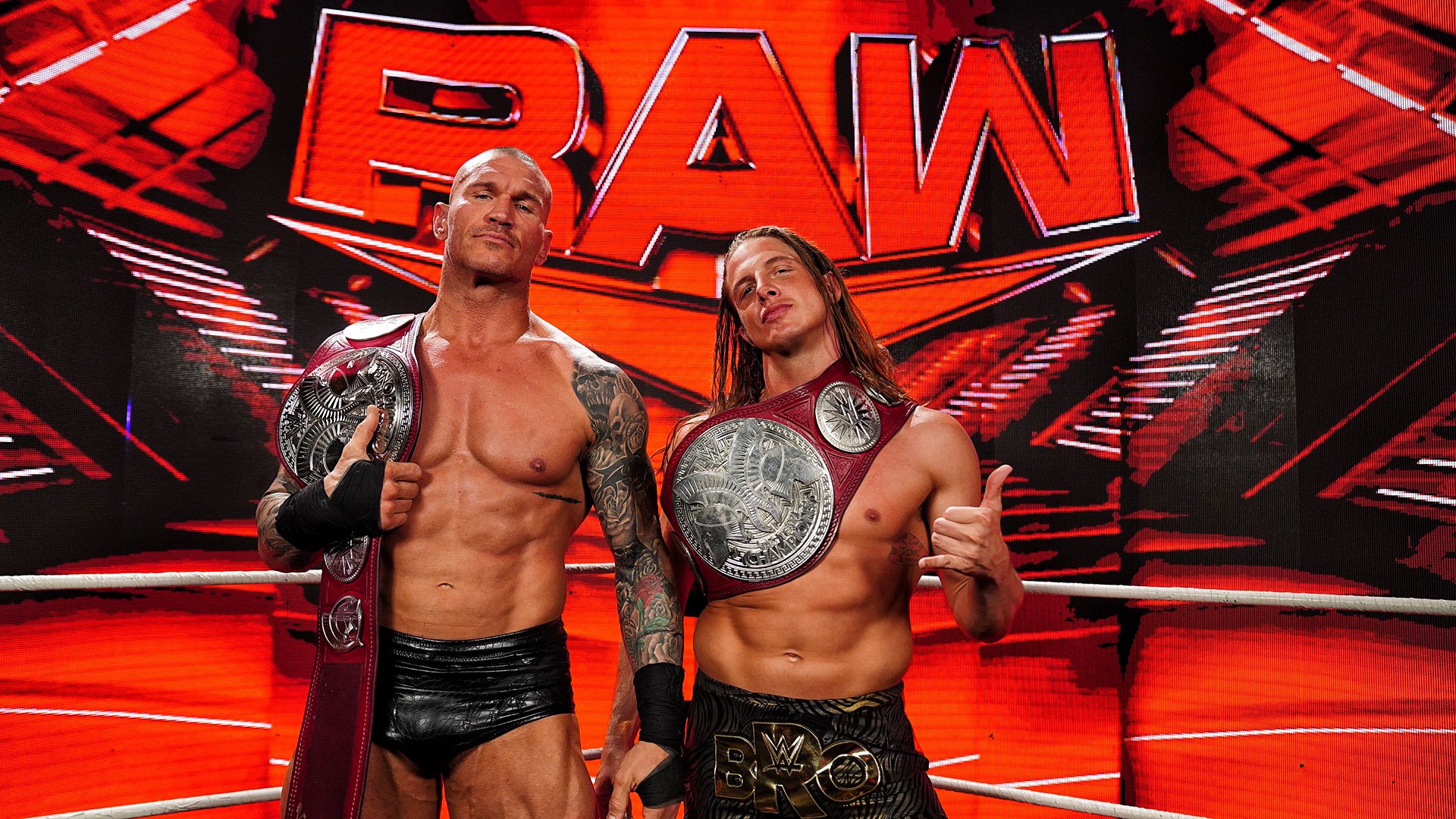 An image that features Randy Orton and Matt Riddle after winning the Raw Tag Team Championships.