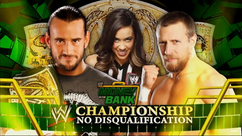 A graphic depicting CM Punk vs Daniel Bryan at 2012 edition of the Money in the Bank PPV.