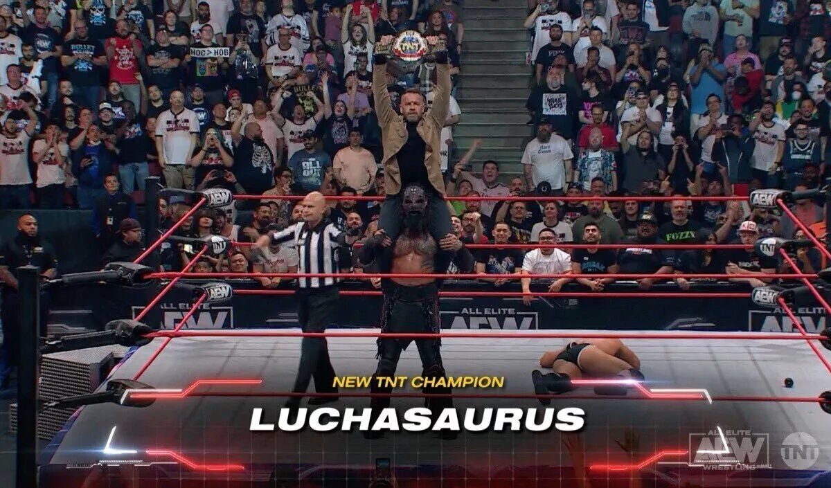 Luchasaurus wins TNT Title on the first episode of AEW Collision.