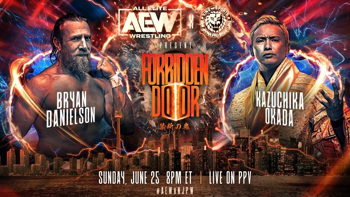 A match graphic featuring Bryan Danielson vs. Kazuchika Okada at the 2023 edition of AEW x NJPW: Forbidden Door.