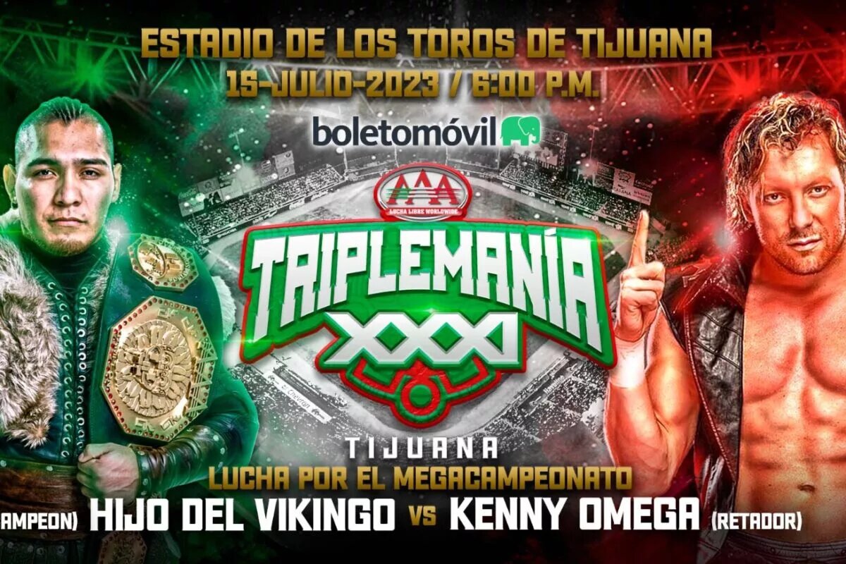 A AAA Triplemania XXXi Tijuana graphic that features AAA Mega Champion El Hijo de Vikingo taking on challenger Kenny Omega.