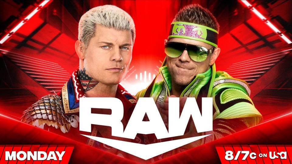 A WWE RAW match graphic pitting Cody Rhodes vs. The Miz on this week's edition of WWE's flagship show.