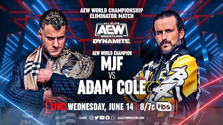 An AEW Dynamite match graphic that features MJF and Adam Cole.