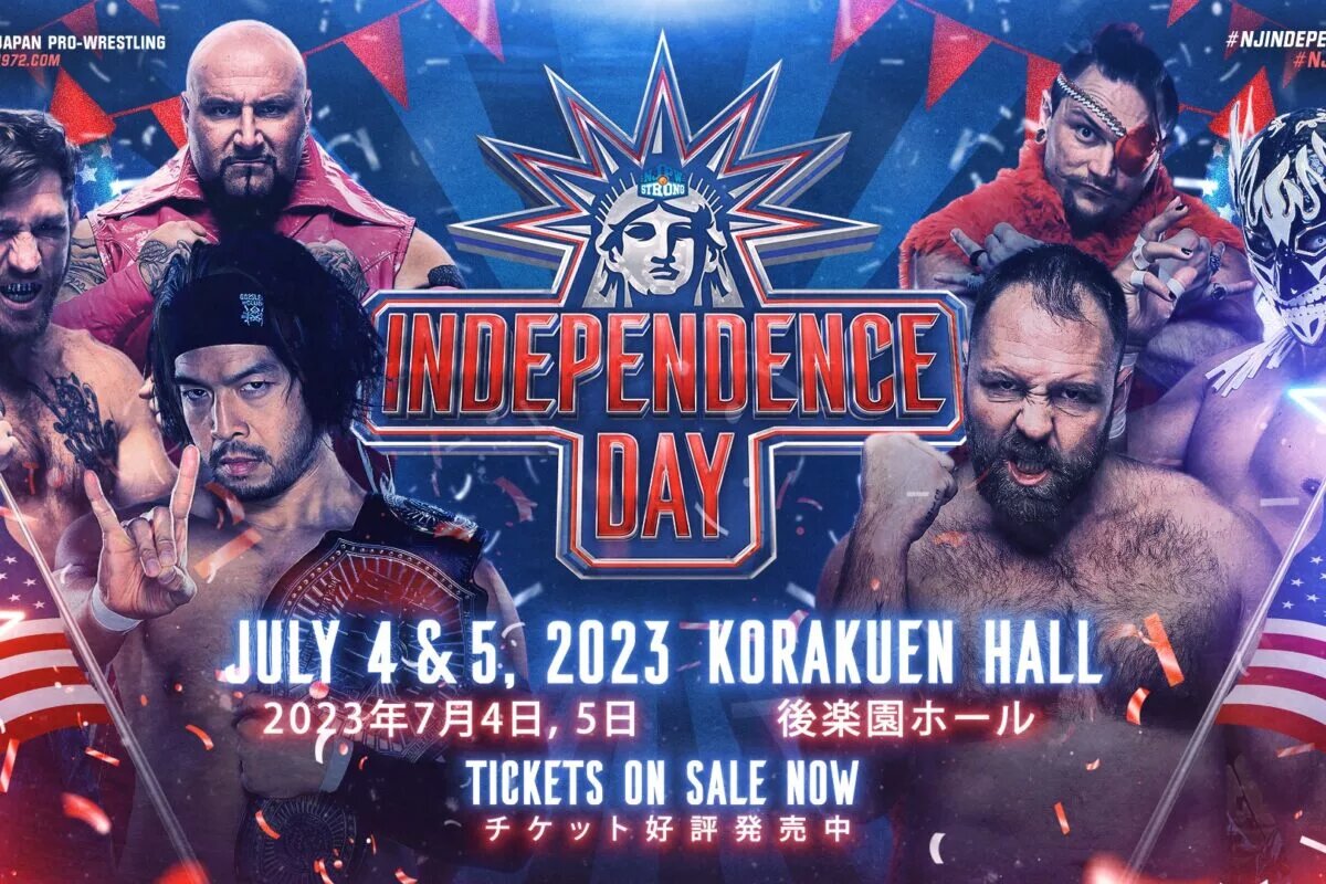 A match graphic that advertises NJPW STRONG Independence Day.