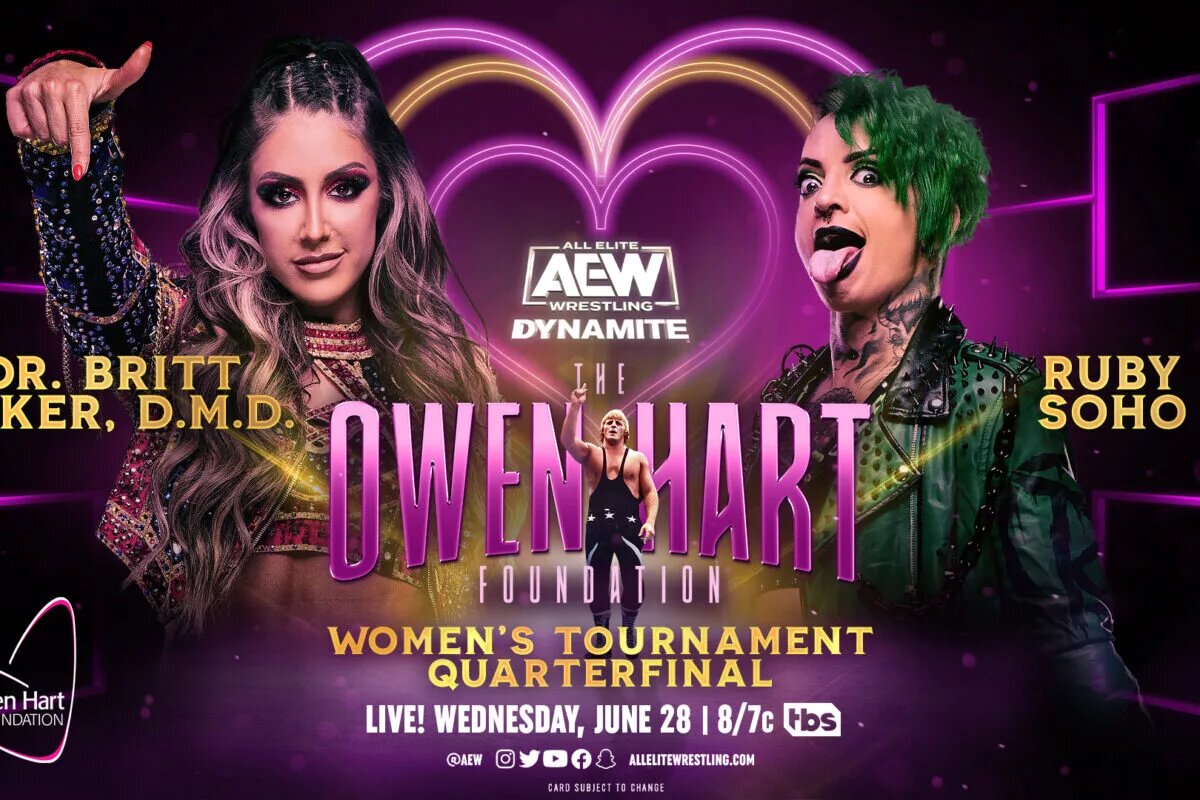 An AEW Dynamite match graphic featuring Dr. Britt Baker, D.M.D. vs. Ruby Soho,