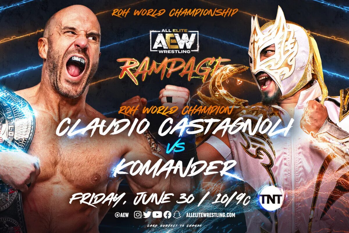 AEW Rampage graphic featuring Claudio Castagnoli vs. Komander for the ROH World Title.