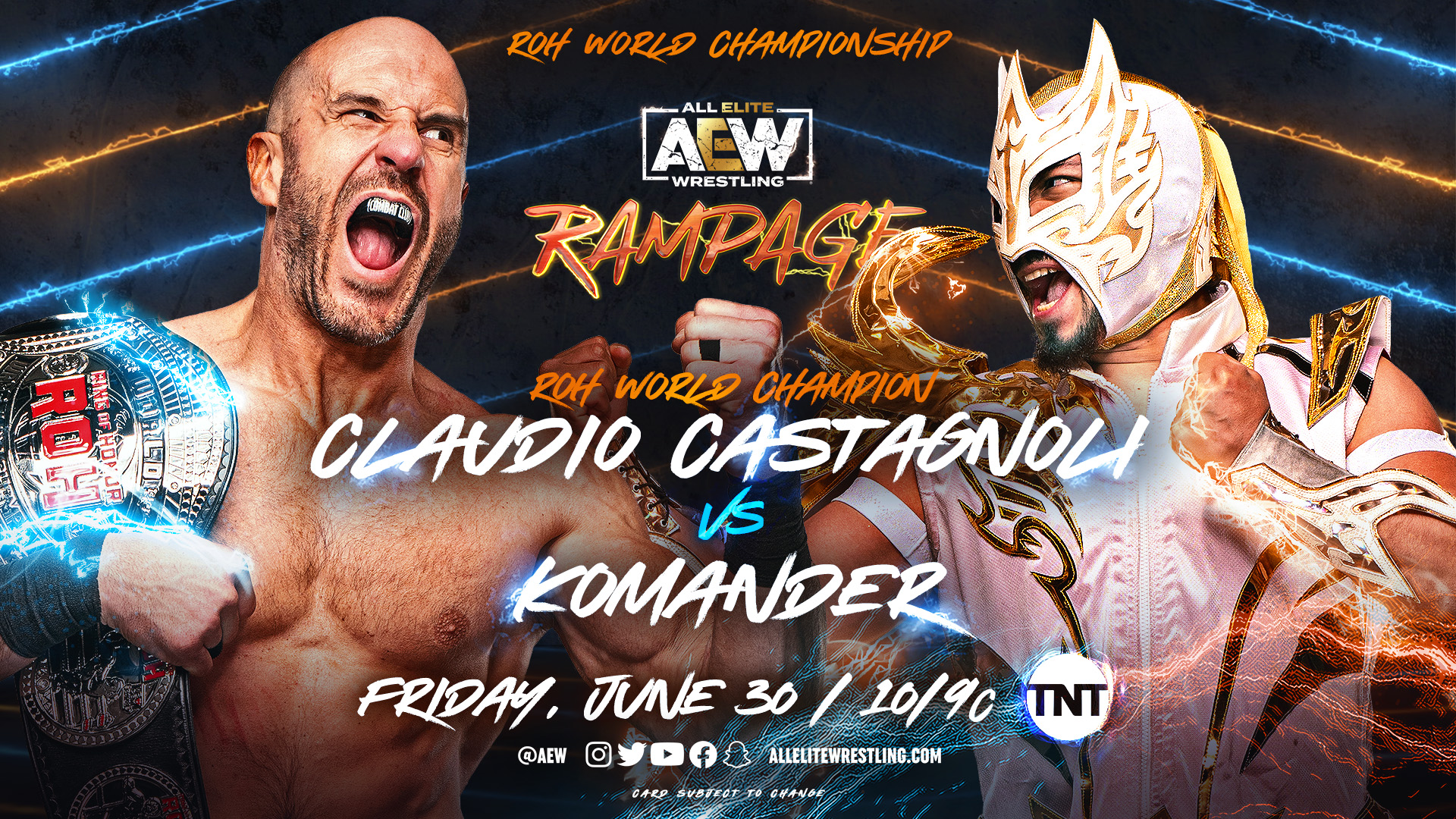 AEW Rampage graphic featuring Claudio Castagnoli vs. Komander for the ROH World Title.