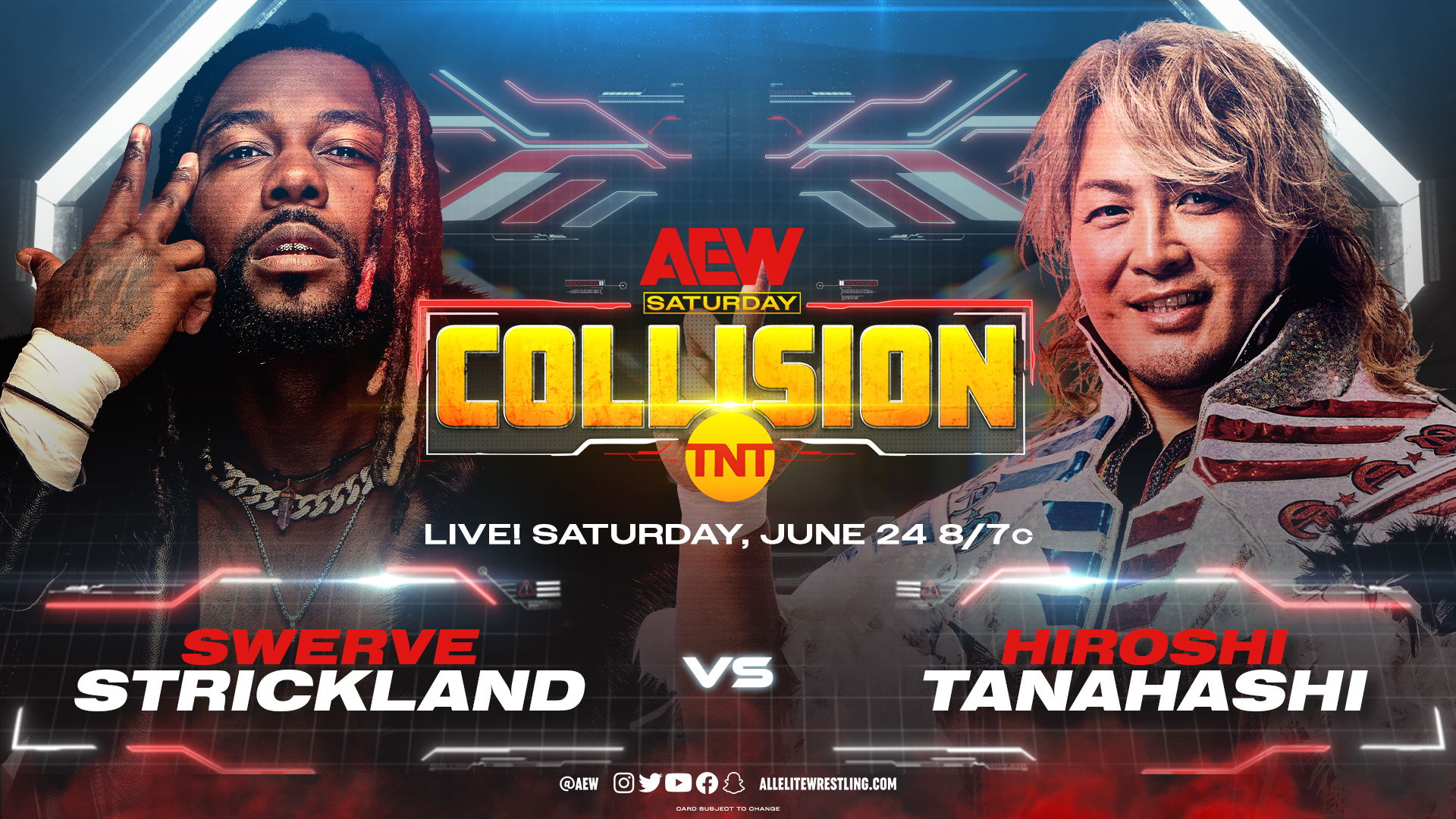 An AEW Collision match graphic featuring Swerve Strickland vs, Hiroshi Tanahashi.