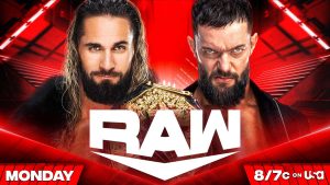 A WWE Raw graphics featuring Seth Rollins and Finn Balor.