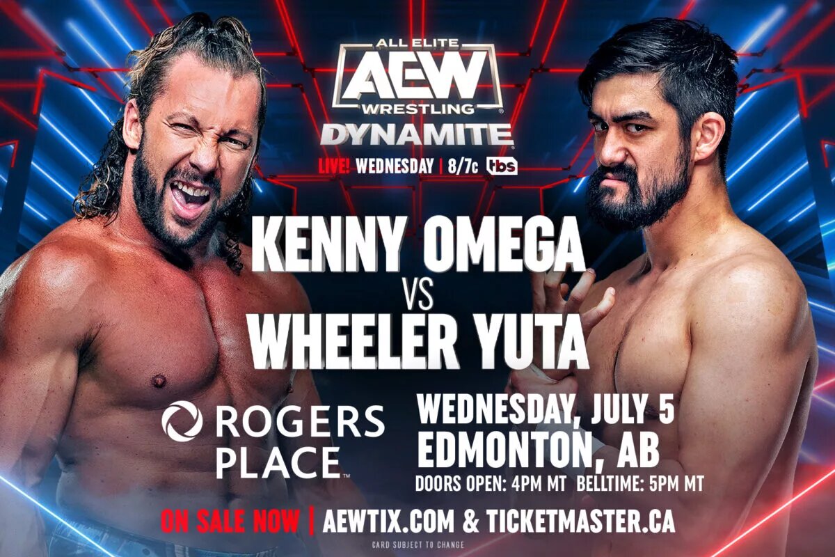 AEW Dynamite match graphic featuring Kenny Omega vs. Wheeler Yuta.
