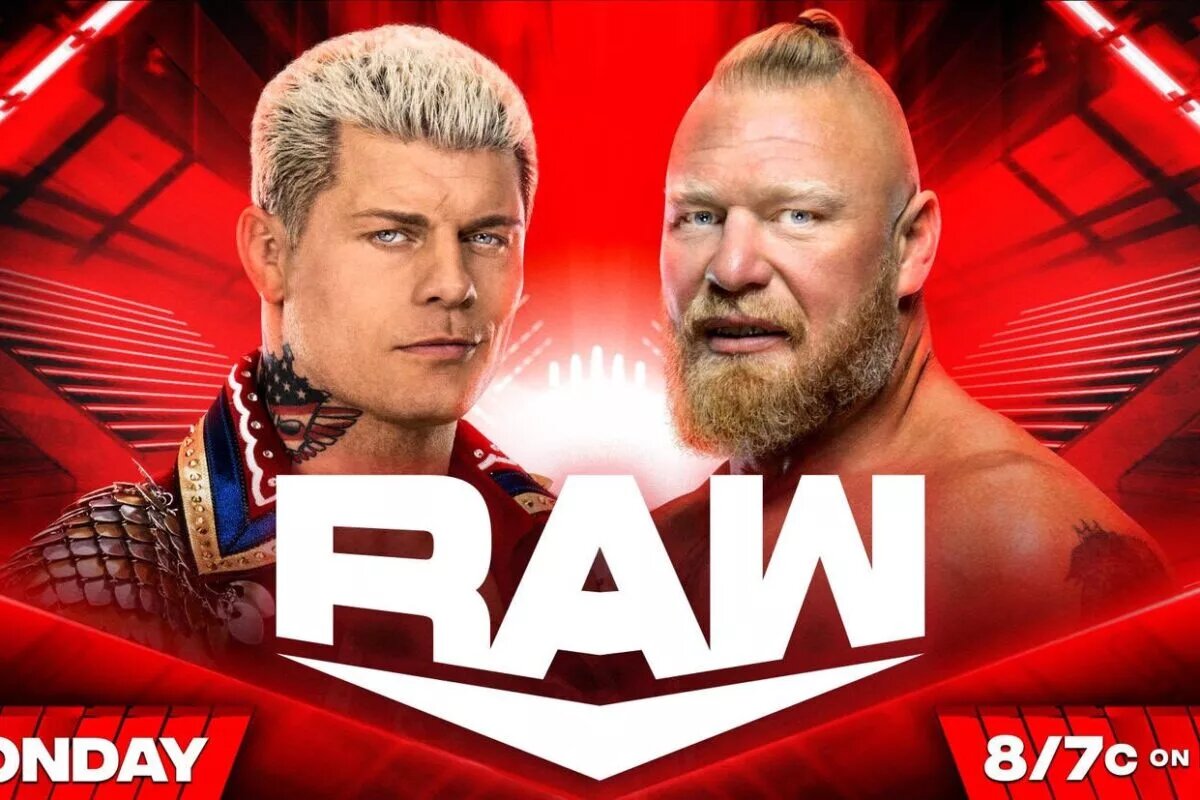 WWE Raw graphic featuring Cody Rhodes and Brock Lesnar.