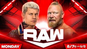 WWE Raw graphic featuring Cody Rhodes and Brock Lesnar.