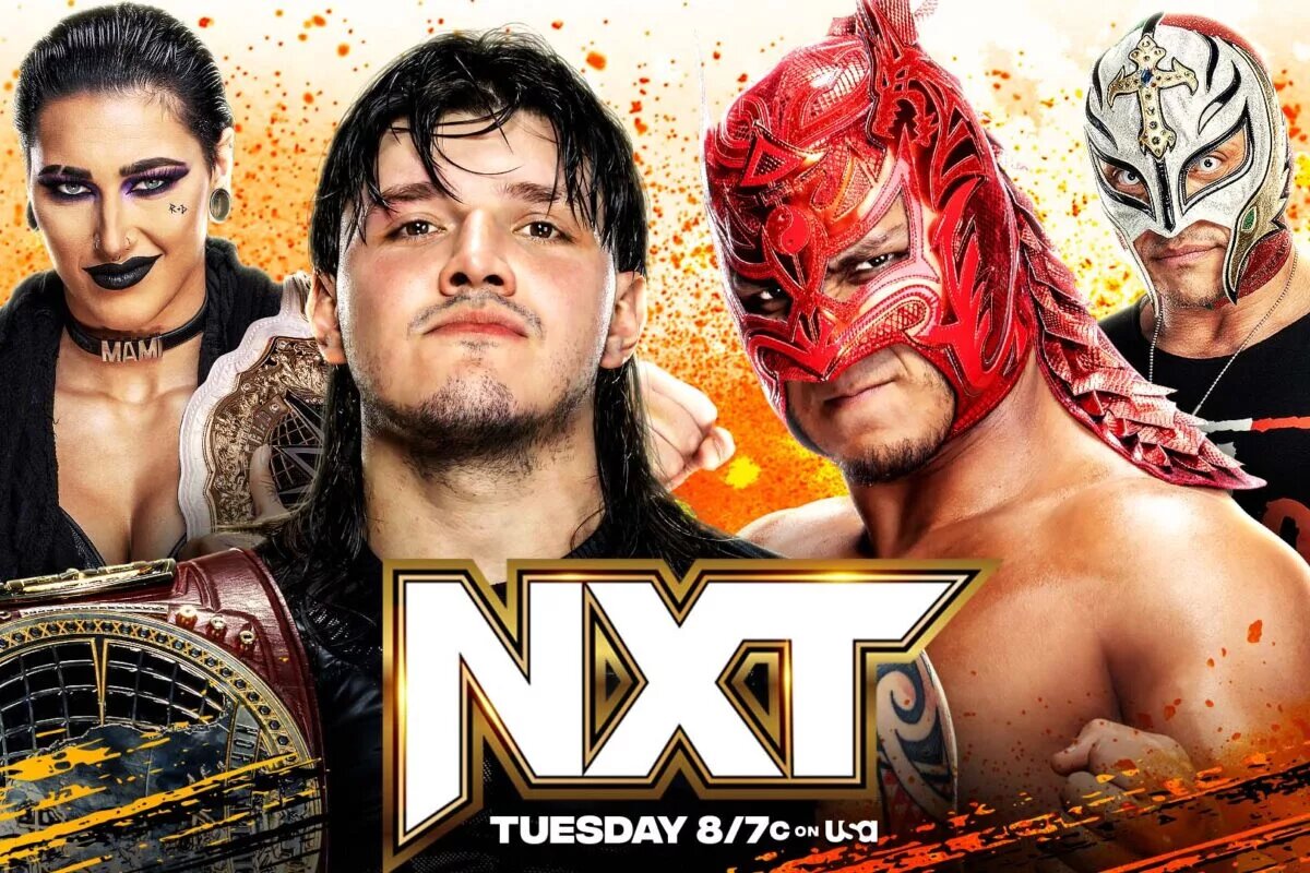 A WWE NXT match graphic featuring Dominik Mysterio, Dragon Lee, Rey Mysterio, and Rhea Ripley.