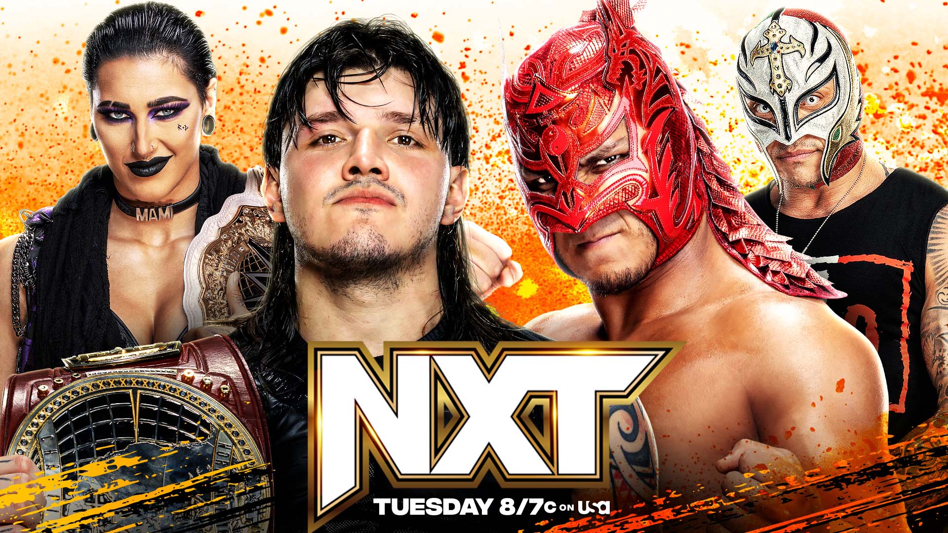 A WWE NXT match graphic featuring Dominik Mysterio, Dragon Lee, Rey Mysterio, and Rhea Ripley.