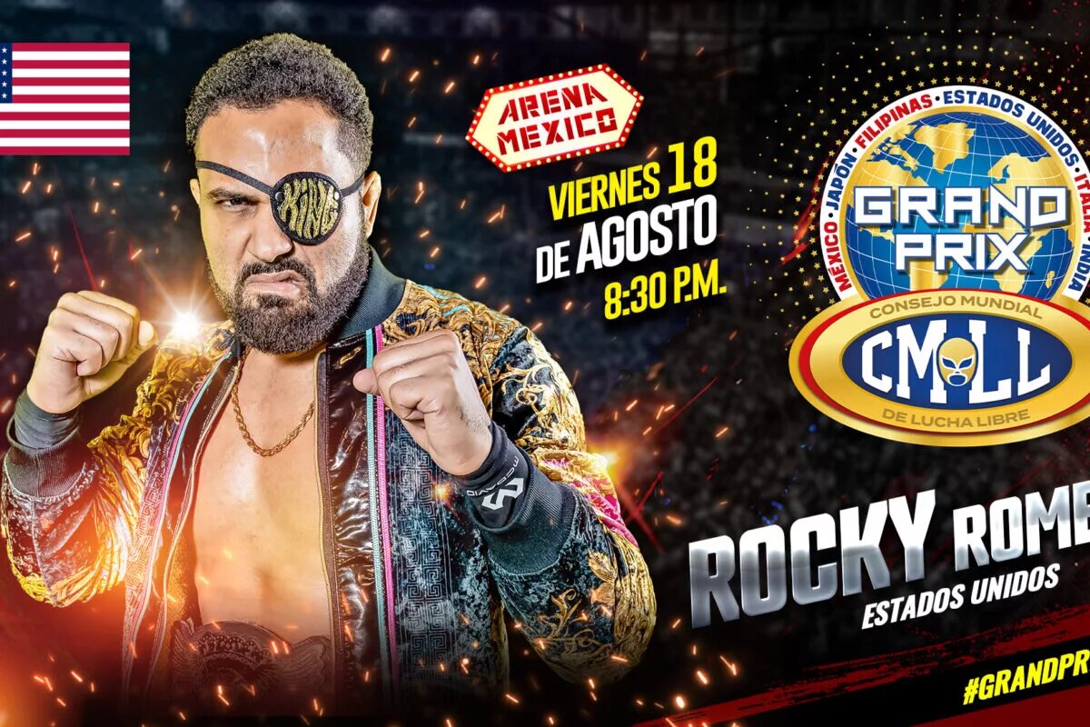 A match graphics featuring Rocky Romero for CMLL Grand Prix 2023.