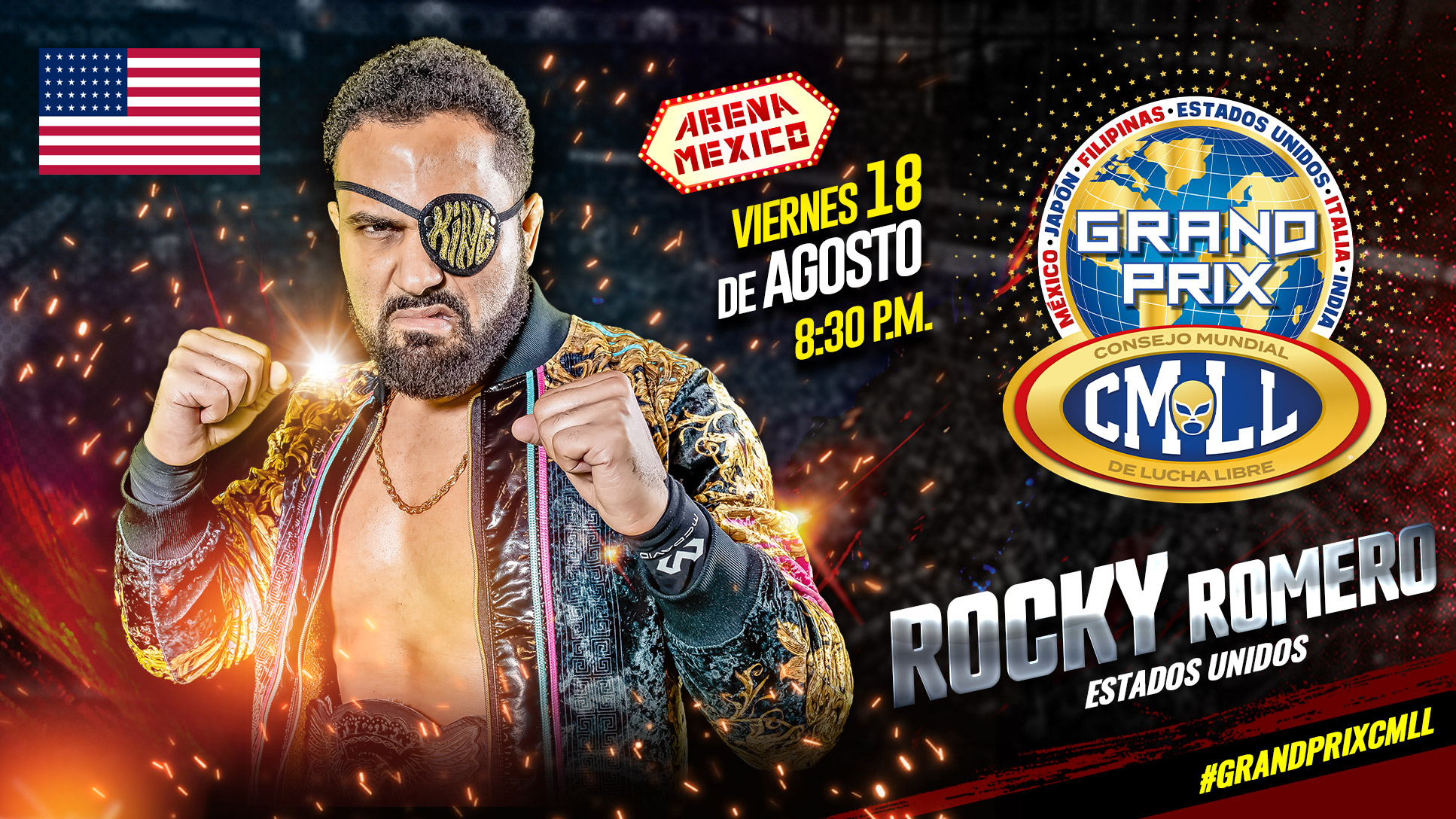 A match graphics featuring Rocky Romero for CMLL Grand Prix 2023.