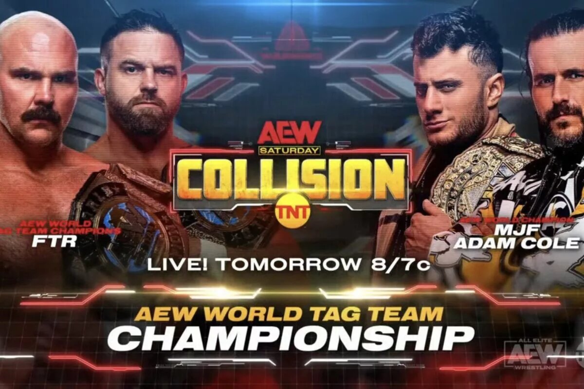 A match graphic for AEW Collision featuring FTR vs. MJF & Adam Cole.