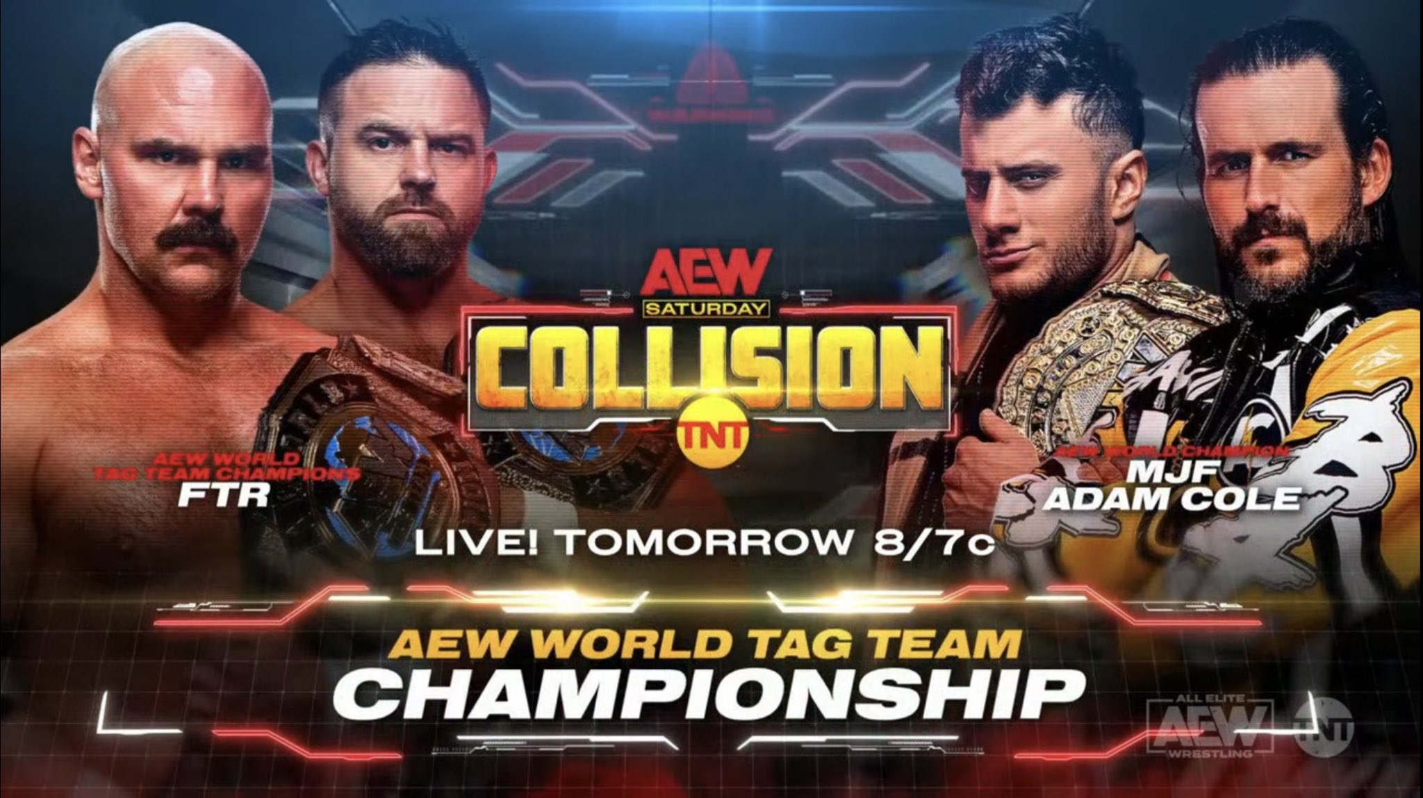 A match graphic for AEW Collision featuring FTR vs. MJF & Adam Cole.