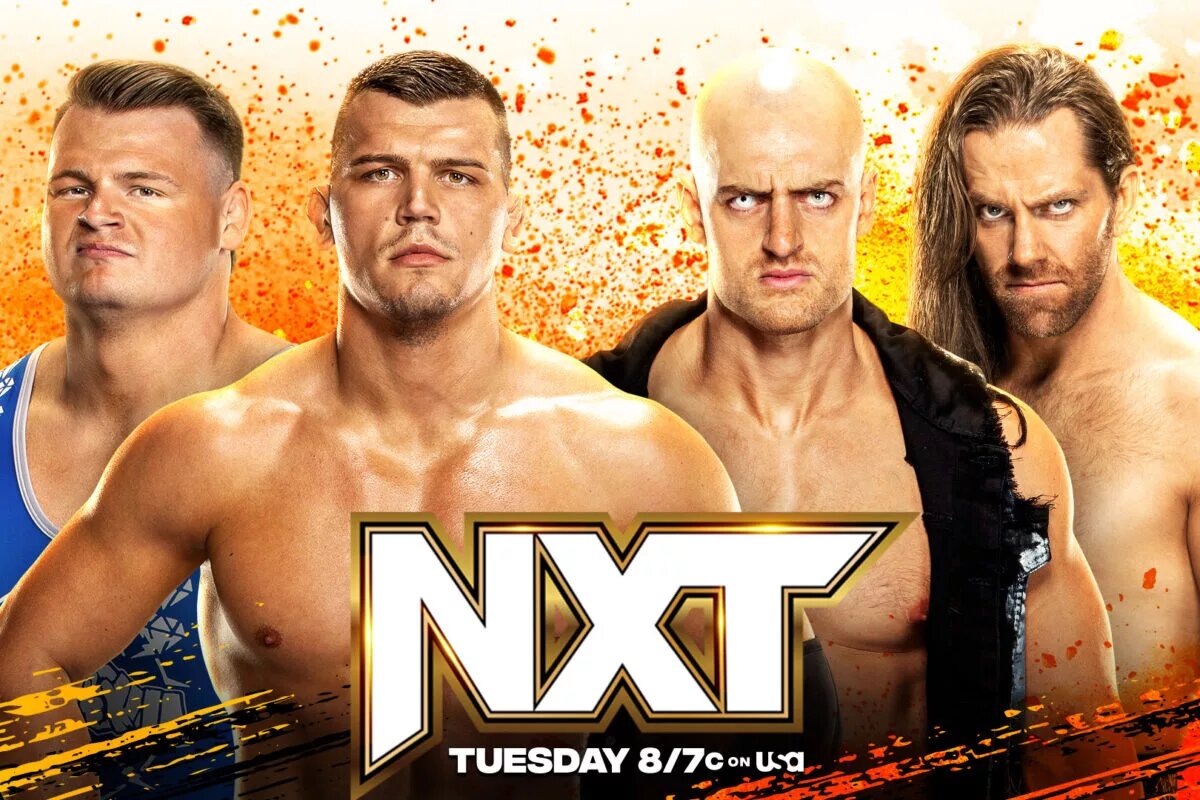 A WWE NXT match graphic featuring The Creed Brother and The Dyad.