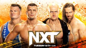 A WWE NXT match graphic featuring The Creed Brother and The Dyad.