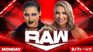 A WWE Raw match graphic featuring Rhea Ripley and Natalya.