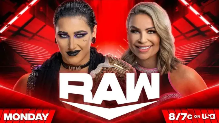 A WWE Raw match graphic featuring Rhea Ripley and Natalya.