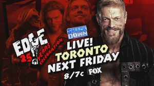 A WWE SmackDown graphic hyping up the 25th Debut Anniversary of Edge.