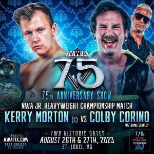 NWA 75 match graphic featuring Kerry Morton and Colby Corino.