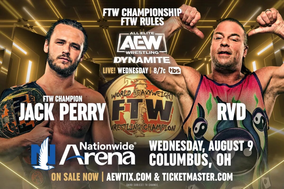 An AEW Dynamite match graphics featuring Jack Perry vs. Rob Van Dam.