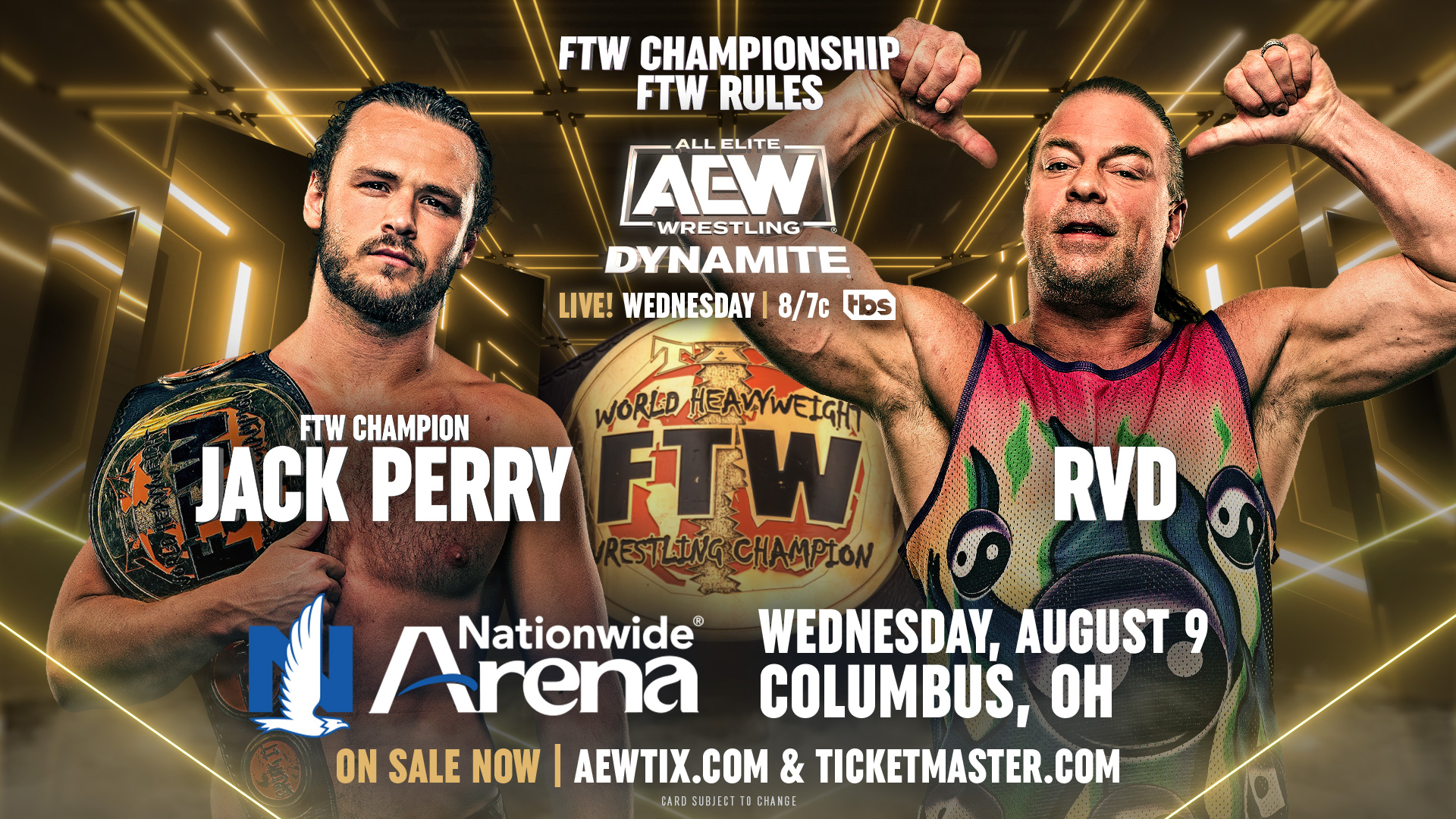 An AEW Dynamite match graphics featuring Jack Perry vs. Rob Van Dam.