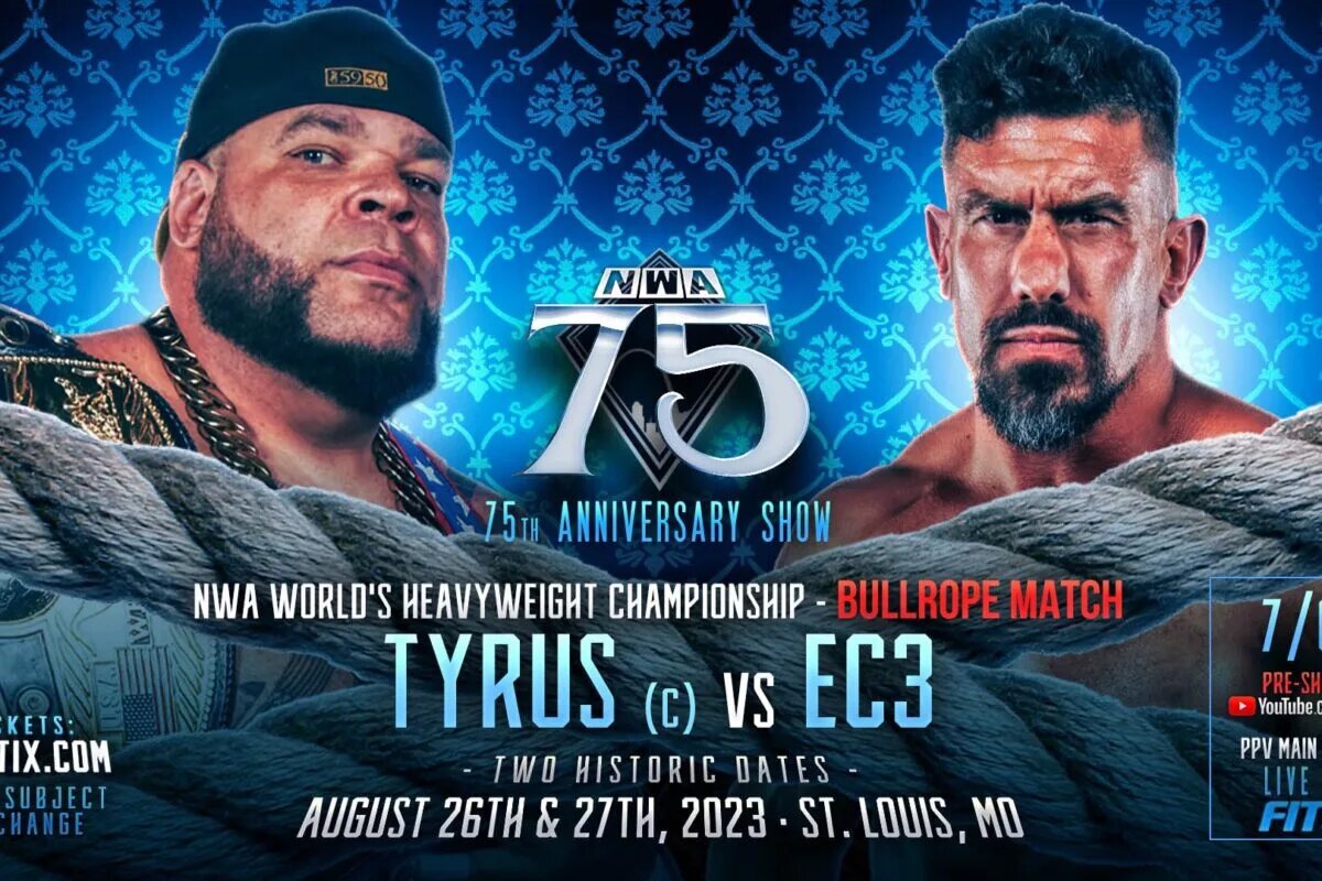 An NWA 75 match graphic featuring Tyrus and EC3.