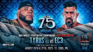 An NWA 75 match graphic featuring Tyrus and EC3.