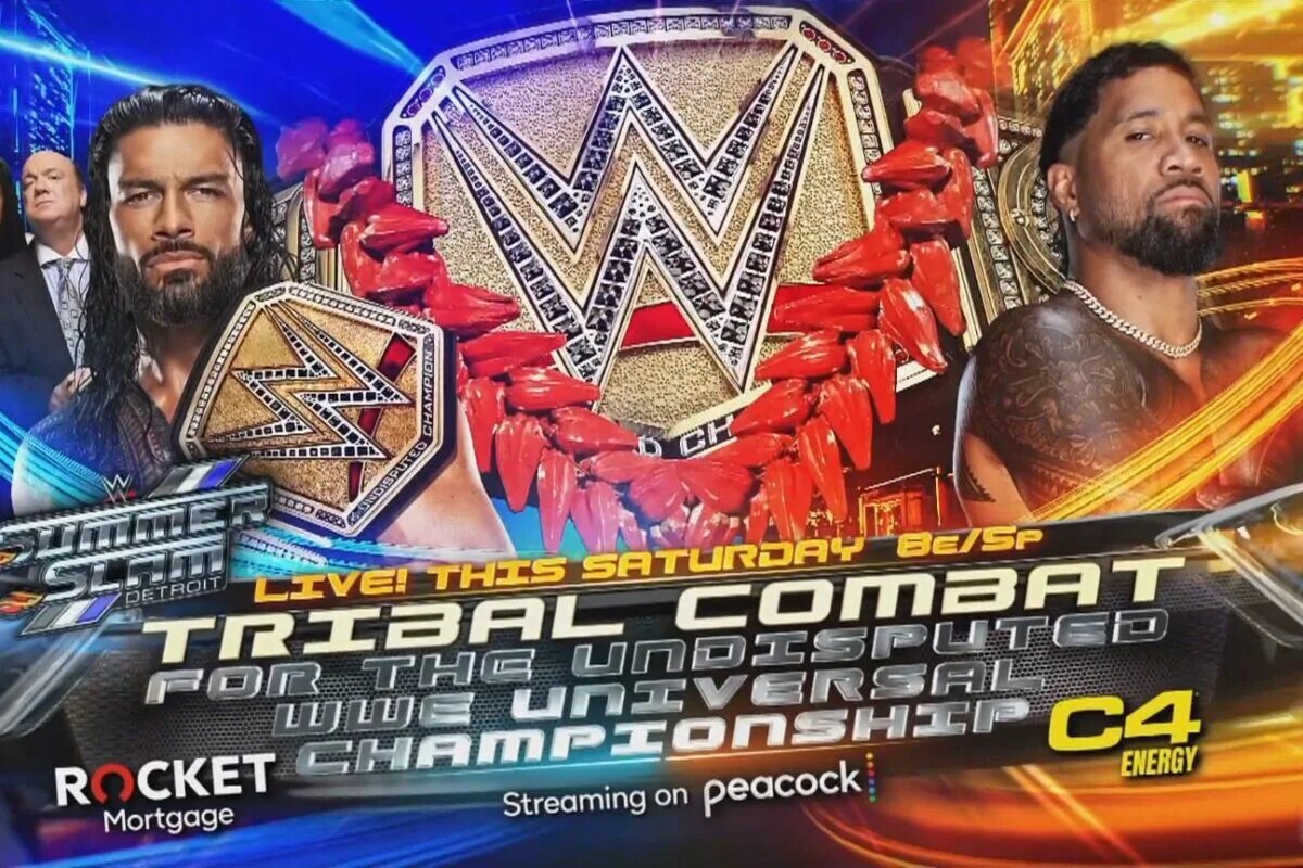 A WWE SummerSlam match graphic featuring WWE Undisputed Universal Champion Roman Reigns vs. Jey Uso.