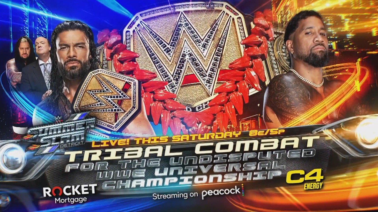 A WWE SummerSlam match graphic featuring WWE Undisputed Universal Champion Roman Reigns vs. Jey Uso.