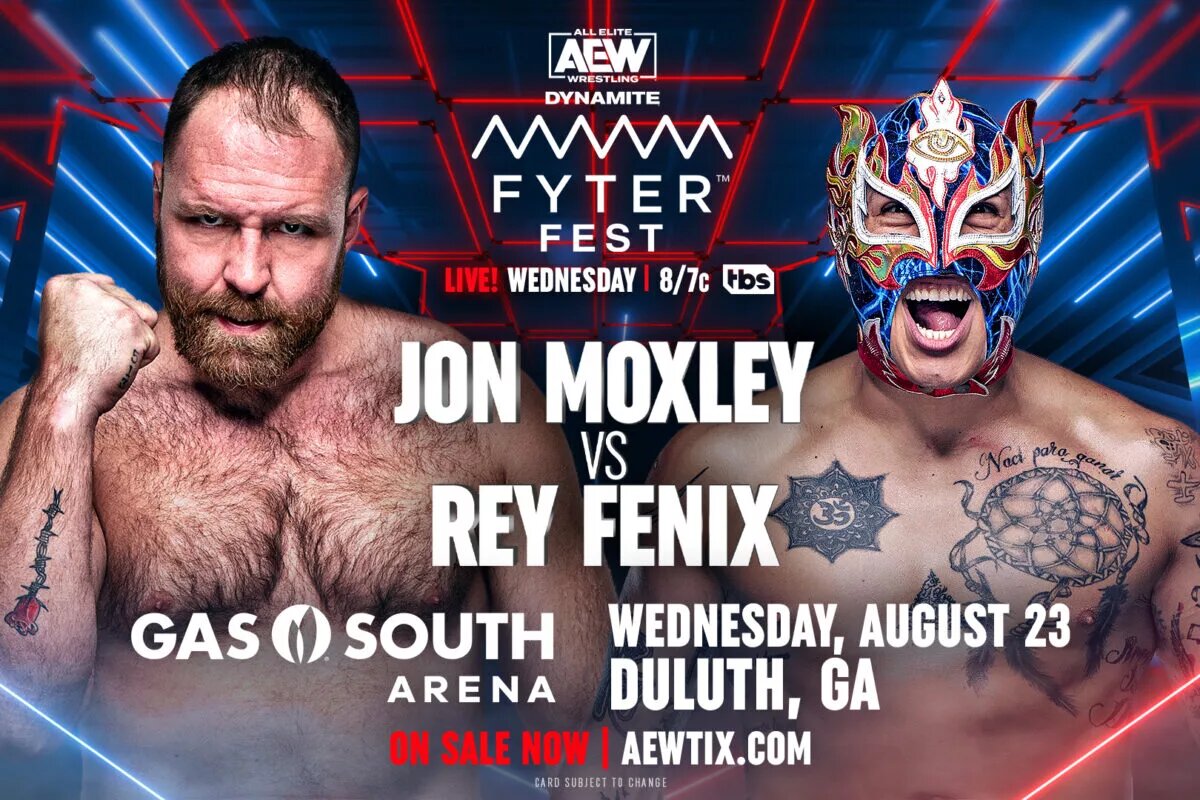 AEW Dynamite - Fyter Fest 2023 match graphic featuring Jon Moxley and Rey Fenix.