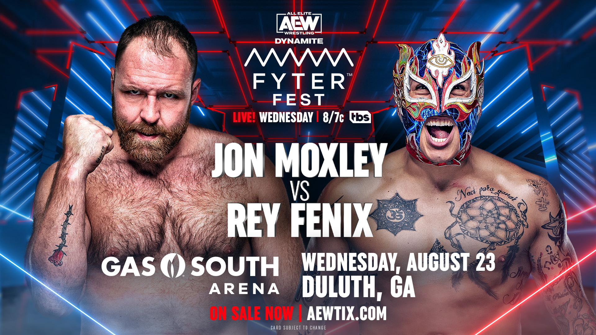AEW Dynamite - Fyter Fest 2023 match graphic featuring Jon Moxley and Rey Fenix.