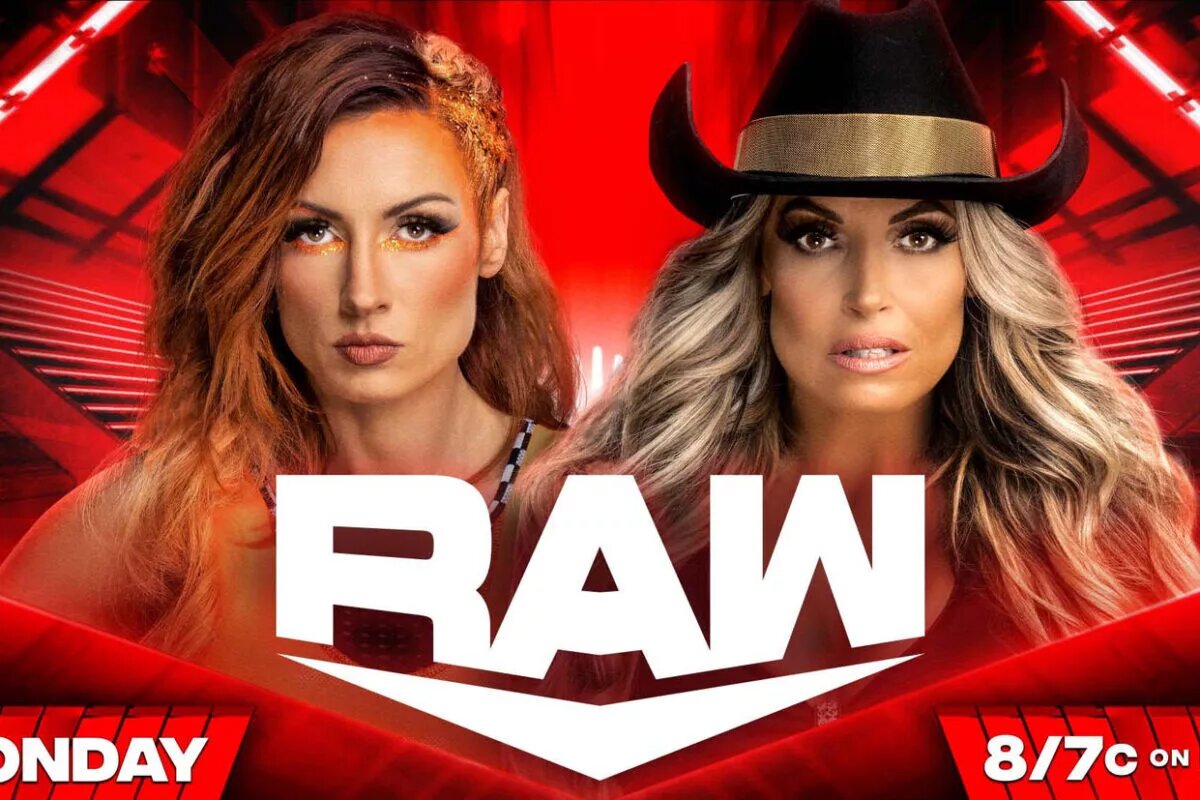 A WWE Raw match graphics featuring Becky Lynch and Trish Stratus.