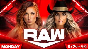 A WWE Raw match graphics featuring Becky Lynch and Trish Stratus.