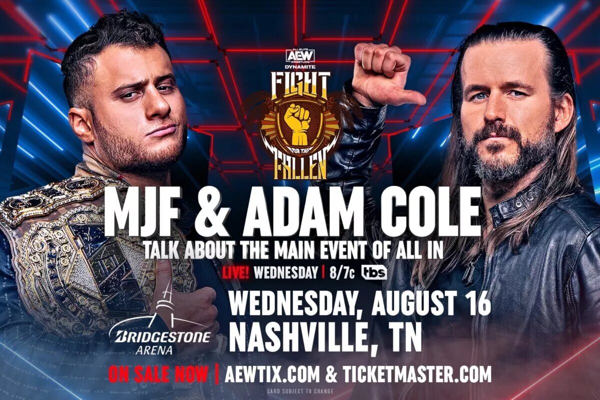 An AEW Dynamite match graphics hyping up MJF and Adam Cole's appearance on the special "Fight for the Fallen" edition of the program.