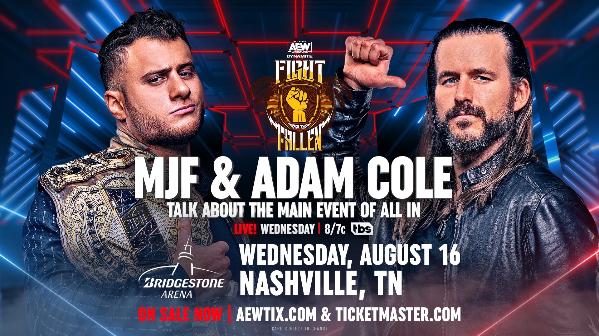 An AEW Dynamite match graphics hyping up MJF and Adam Cole's appearance on the special "Fight for the Fallen" edition of the program.