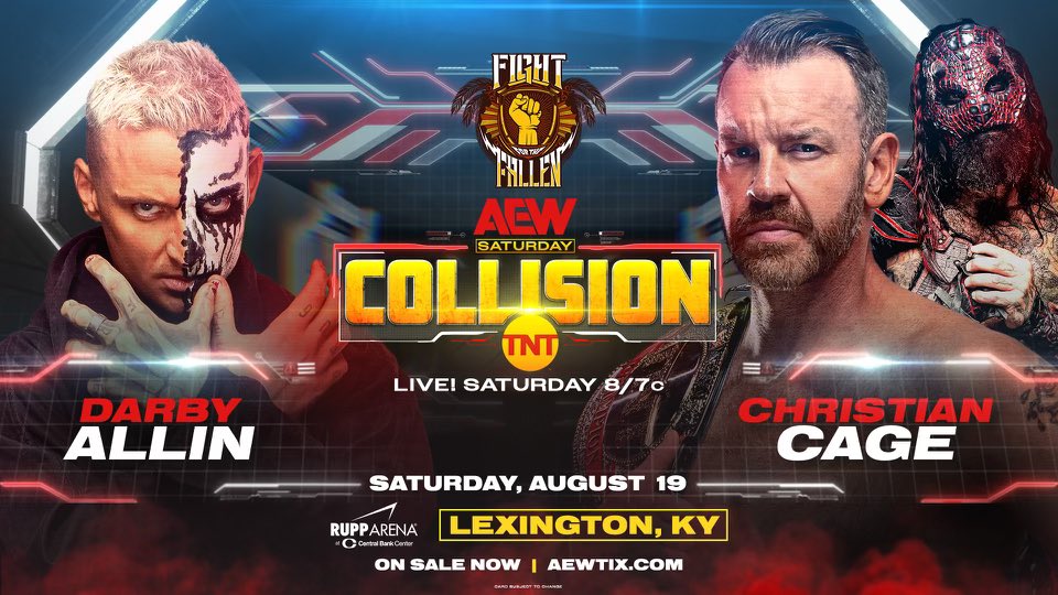 AEW Collision match graphics featuring Christian Cage and Darby Allin.