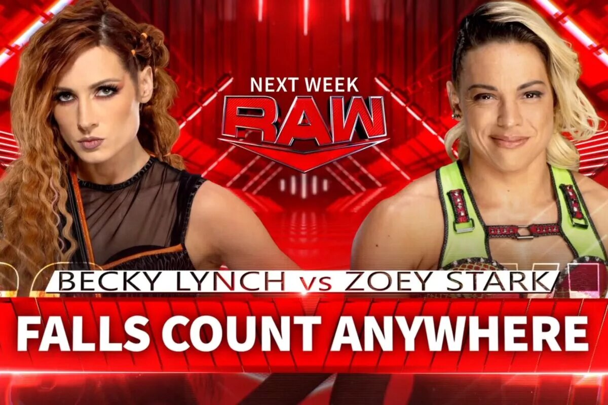 WWE Raw match graphic featuring Becky Lynch and Zoey Stark.