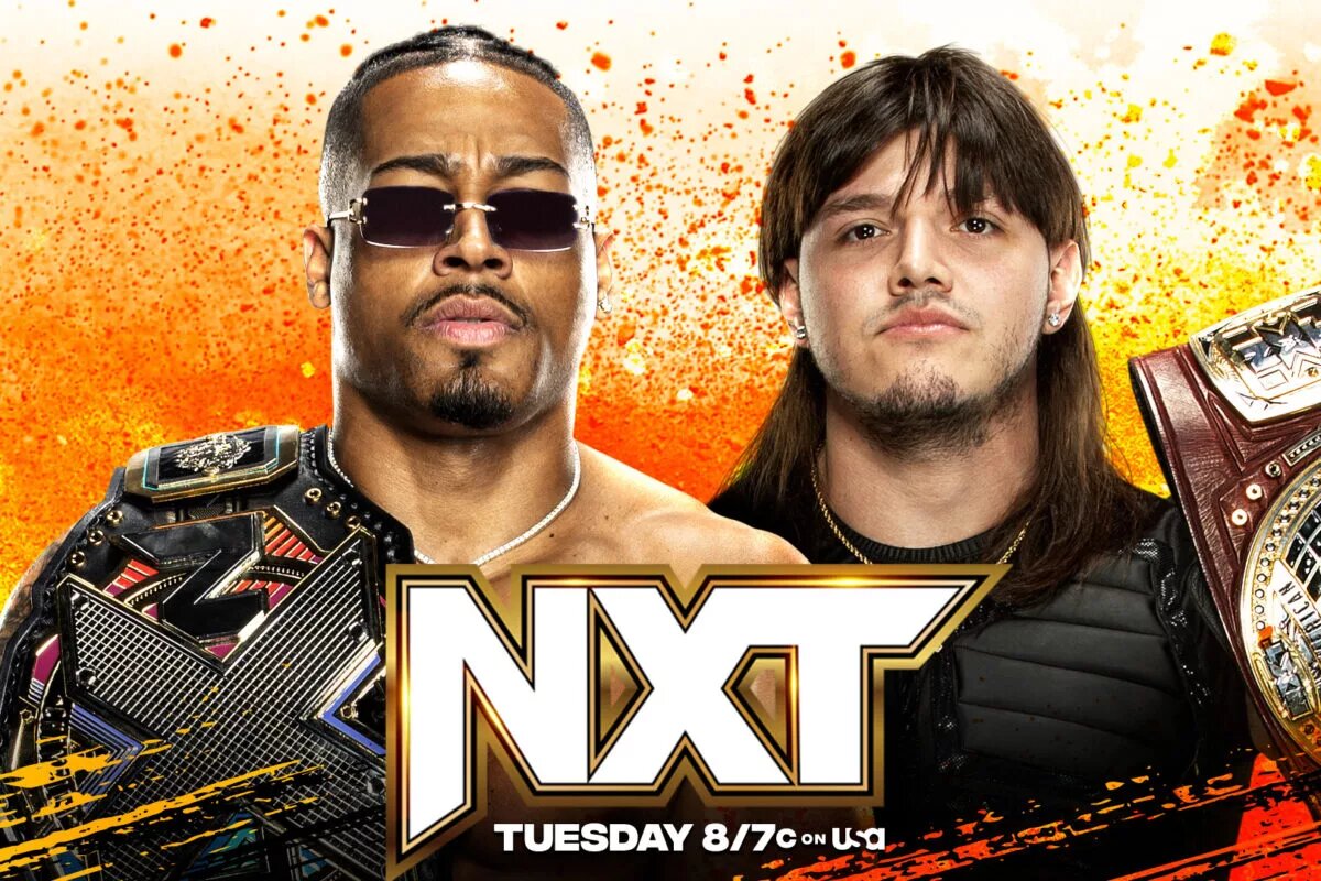 WWE NXT match graphic featuring Carmelo Hayes and Dominik Mysterio.
