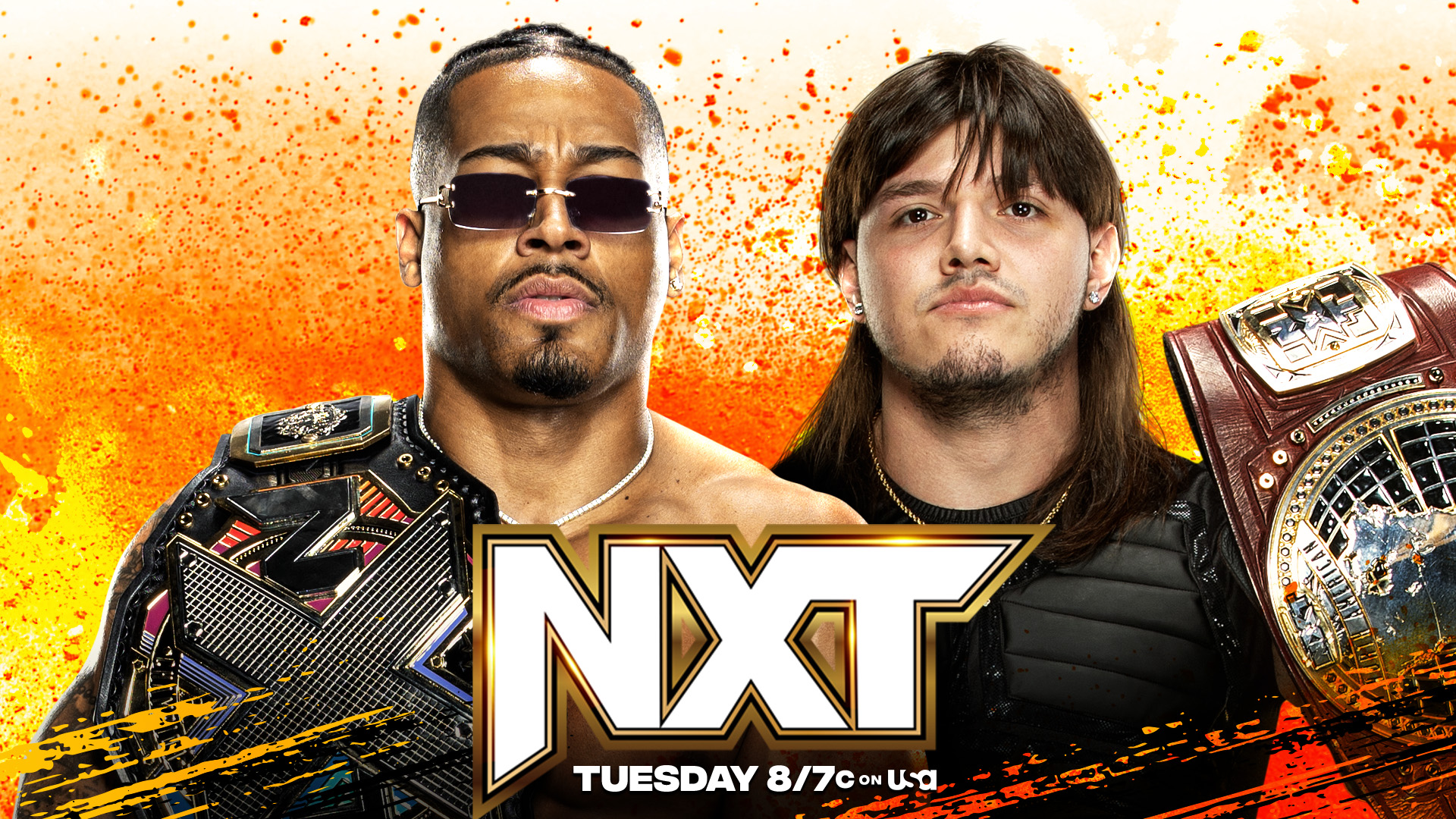 WWE NXT match graphic featuring Carmelo Hayes and Dominik Mysterio.