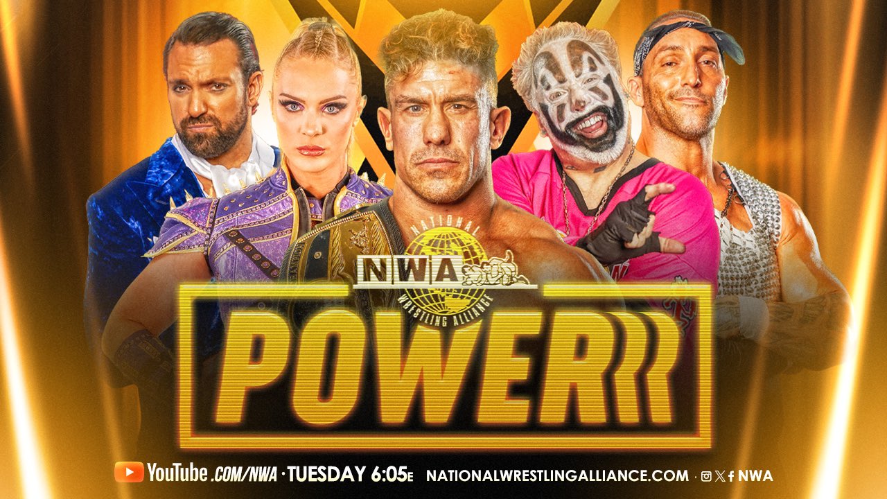 An NWA Powerrr graphic featuring EC3 in the middle and other NWA stars.