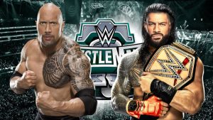 A mock WrestleMania 40 match graphic depicting The Rock vs. Roman Reigns.